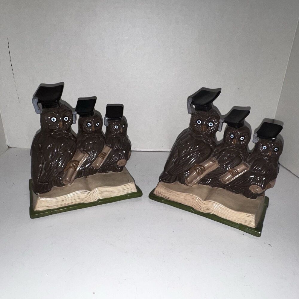 Vintage Owl Bookends Set Graduation Owls Books Ceramic Pair Decor
